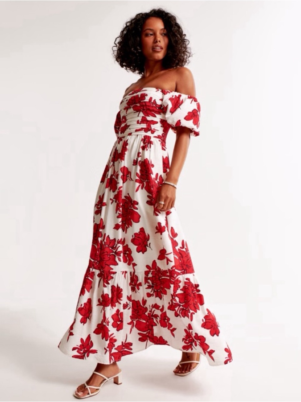 Abercrombie & Fitch Off-Shoulder Red Floral Maxi Dress - White/Red